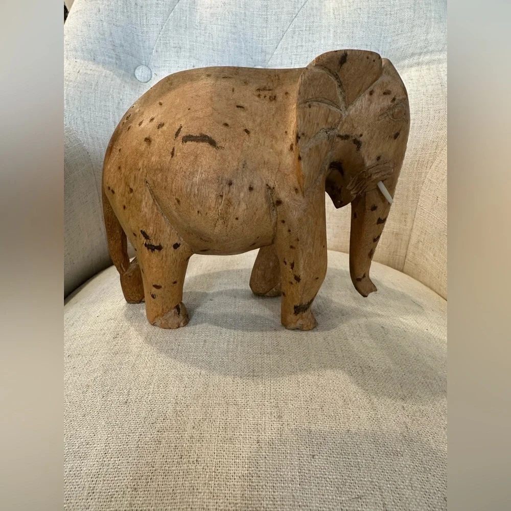 Vintage Hand Carved Teak Wood Elephant Sculpture Figurine Tusks African Decor